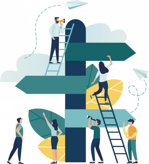 Group of cartoon business consultants climbing a tree