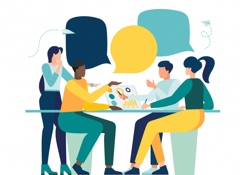 Group of cartoon business consultants working together on solving a small business problem
