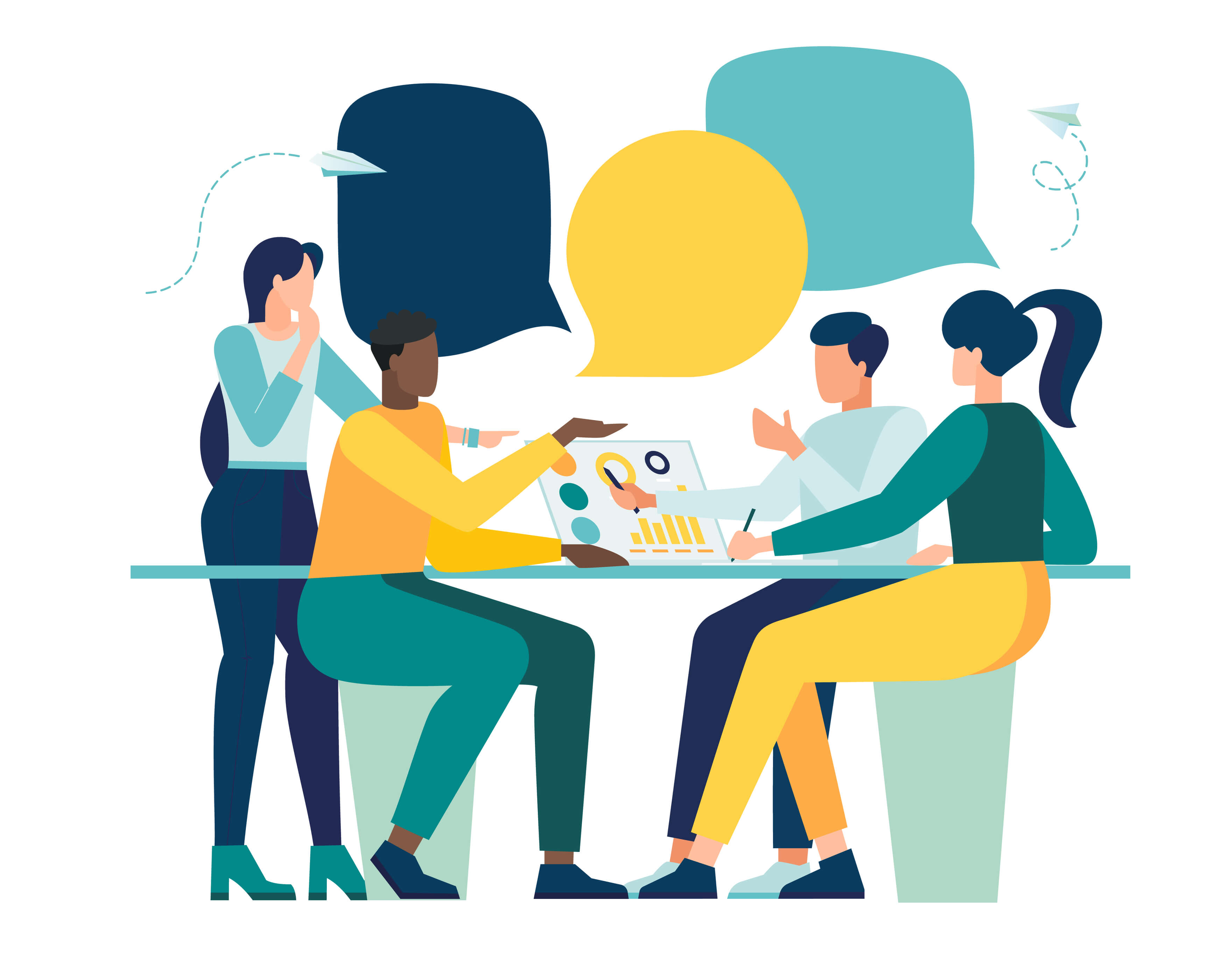 Four people talking analytics around a table